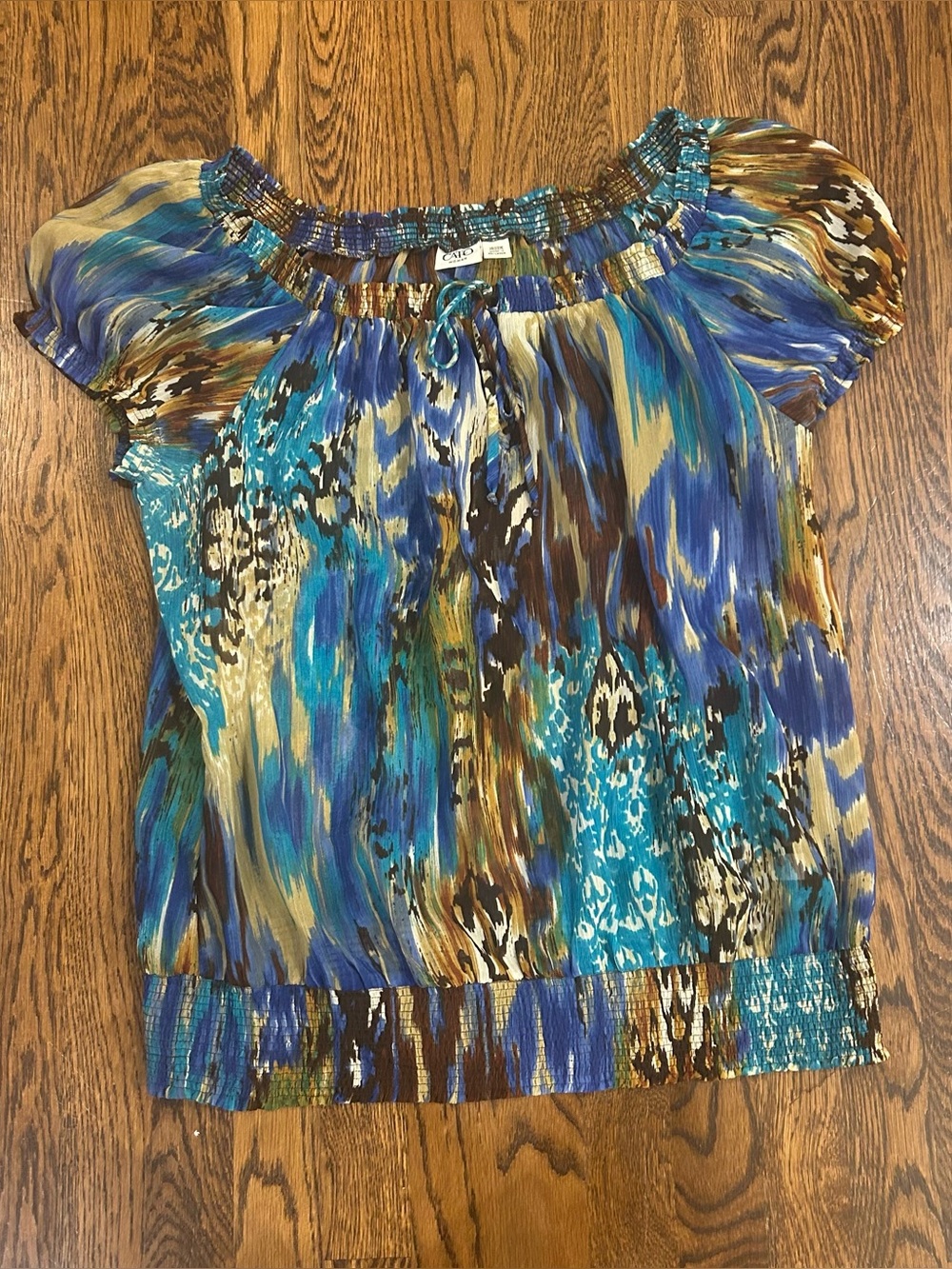 Vintage Fairycore Abstract Watercolor Smocked Peasant Blouse Blue 18/20W